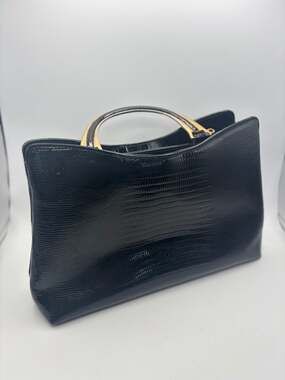 Vintage H.B. Black Patent Faux Reptile Handbag with Gold Metal Handle - 80s